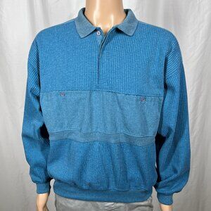 Vintage 80s Huk-A-Poo Men's XL Blue Retro Waffle Knit Pullover Polo Sweatshirt